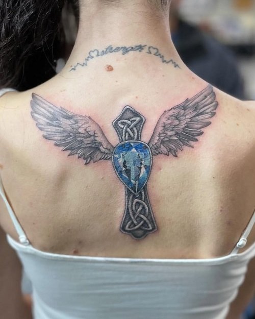 Cross and Angel Wings Tattoo for Women