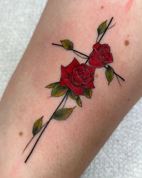 Cross with Roses Tattoo for Women