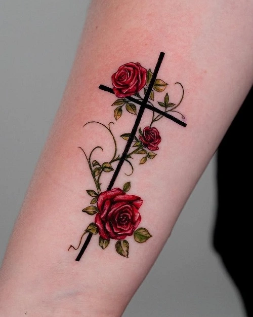 Cross with Roses Tattoo for Women