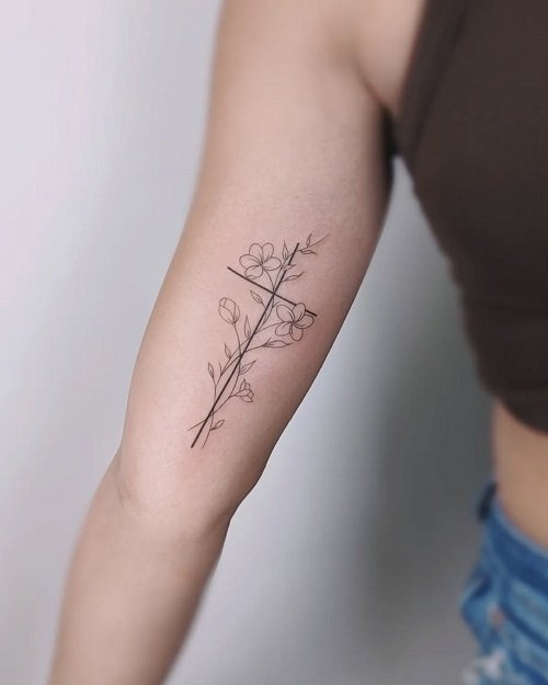 Women's Cross with Flowers Tattoo