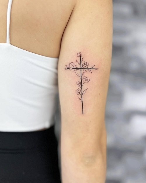 Women's Cross with Flowers Tattoo