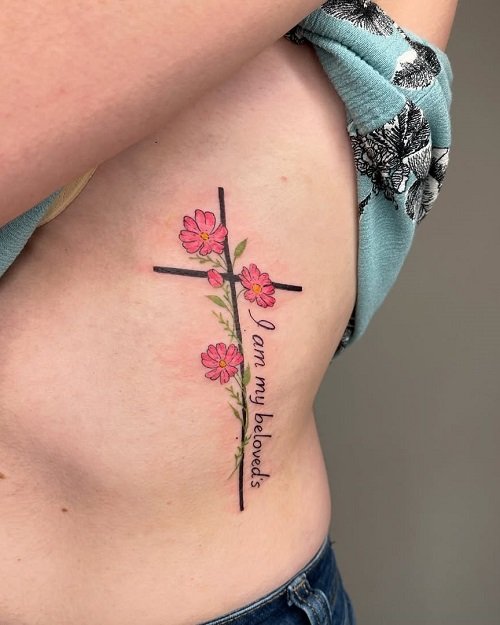 Women's Cross with Flowers Tattoo