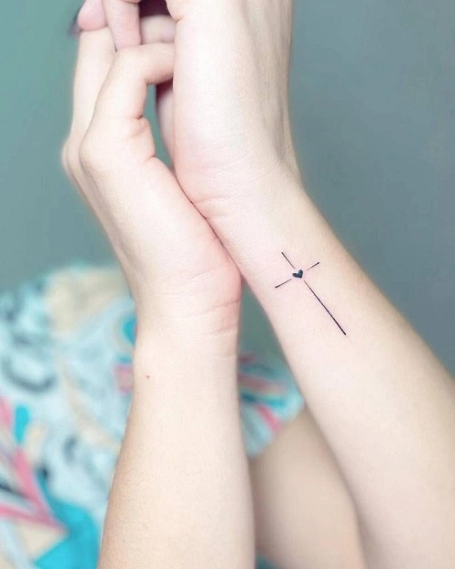 Women's Heart and Cross Tattoo