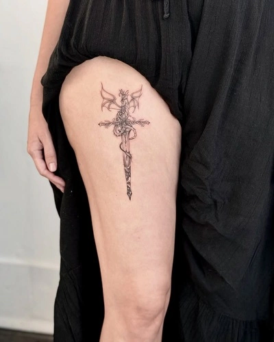 Cross Thigh Tattoos for Women
