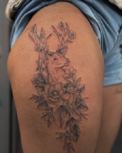 Deer Outer Thigh Tattoos for Women