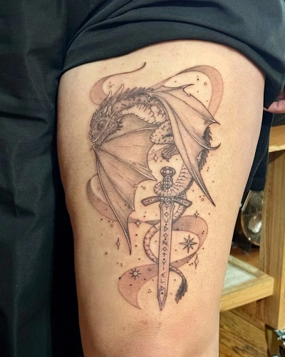 Dragon Front Thigh Tattoos for Women
