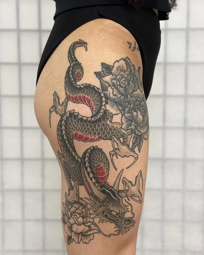 Dragon Outer Thigh Tattoos for Women