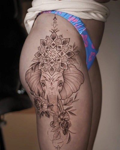 Elephant Outer Thigh Tattoos for Women