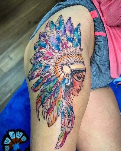 Feather Thigh Tattoos for Women