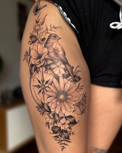 Flower Front Thigh Tattoos for Women