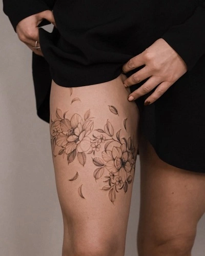 Flower Front Thigh Tattoos for Women