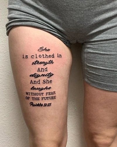 Front Thigh Quote Tattoos for Women