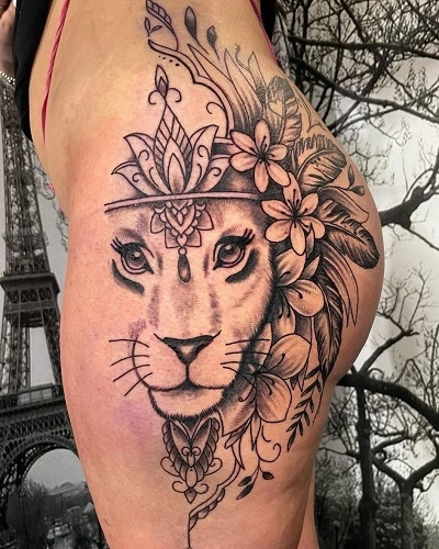 Lion Outer Thigh Tattoos for Women