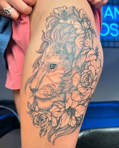 Lion Outer Thigh Tattoos for Women