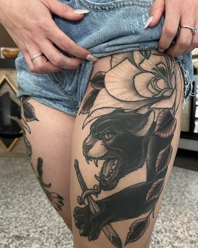 Panther Outer Thigh Tattoos for Women
