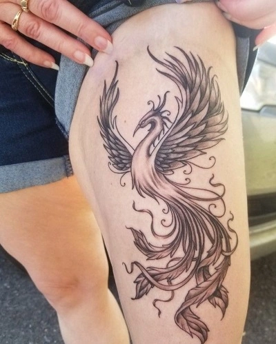 Phoenix Tattoos on Front of Thigh for Women