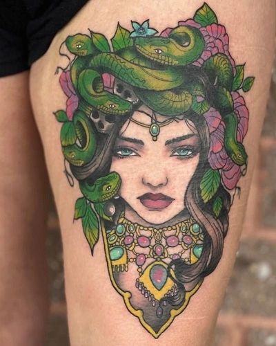 Women's Medusa Thigh Tattoo