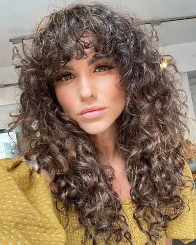 Curly Curtain Bangs with Long Hair