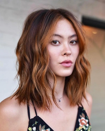 Curtain Bangs with Wavy Lob