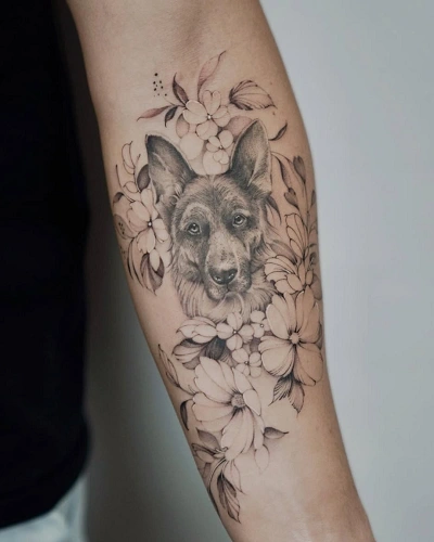 Dog and Flower Tattoo for Women