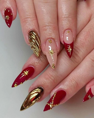 Gold and Red Nail Art Designs