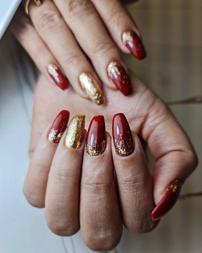 Red and Gold Glitter Nail Art Designs