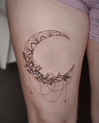 Crescent Moon with Flowers Tattoos for Women