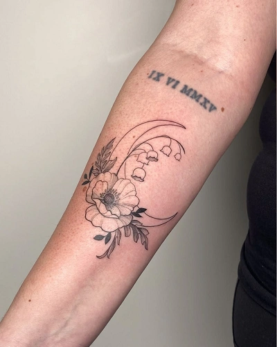 Crescent Moon with Flowers Tattoos for Women