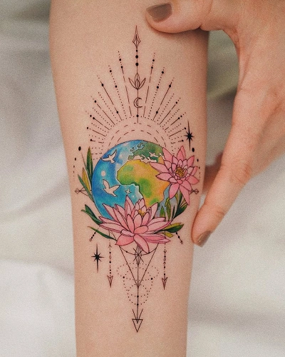 Earth with Floral Elements Tattoos for Women